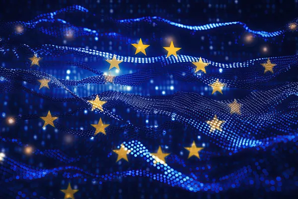 AI generierte blaue Flagge mit funkelnden Sternen